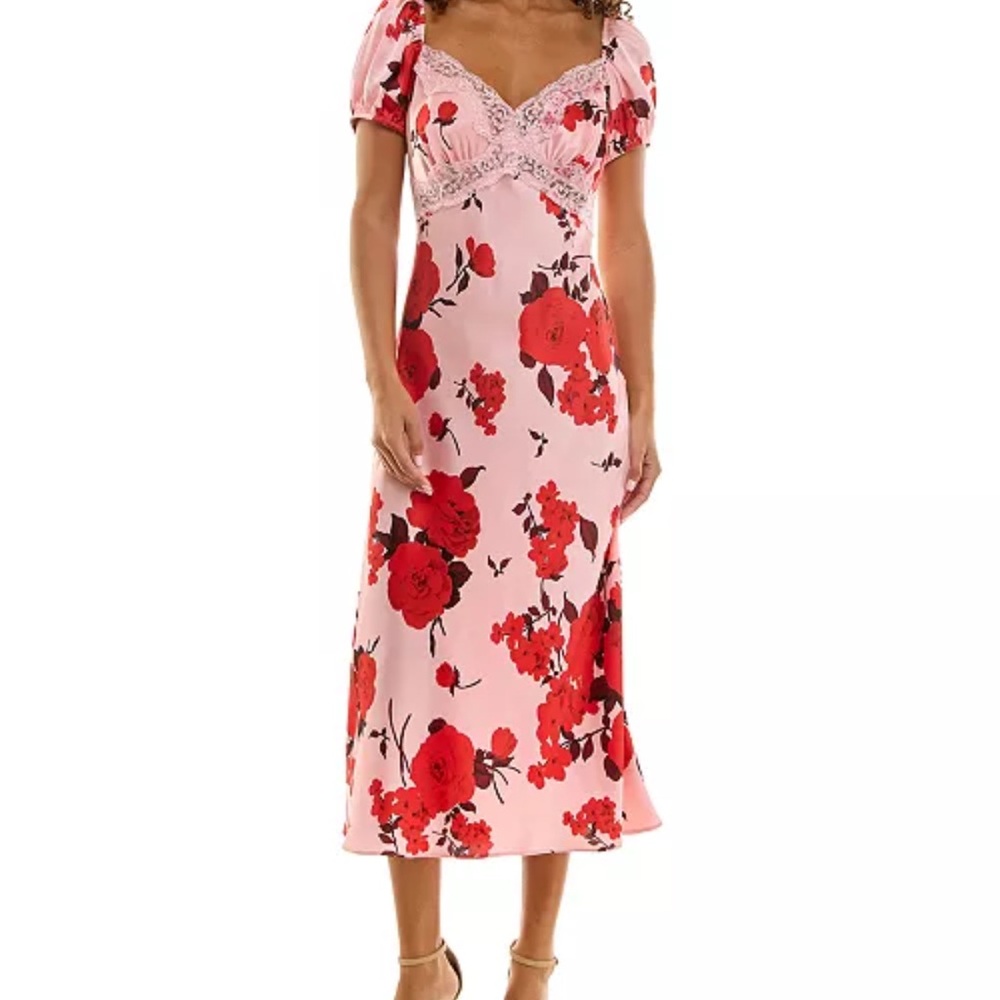 B-Darlin’ Red and Pink Lace-Trim Floral-Print Midi Dress